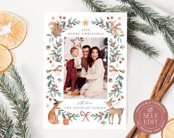 Mall för julfotokort med skogsdjur, utskrivbart julfotokort, gör-det-själv-julkort, 5x7, redigerbar Corjl-nedladdning