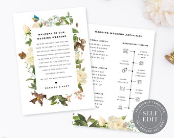 Floral Welcome Bag Letter Template, Vintage Botanical Itinerary Order of Events, Wedding Icons Included, Printable Instant Download, ITN-003