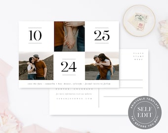 Save the Date Multi Photo Wedding Postcard Template, Minimalist Save the Date Printable, Size 4x6, Corjl Editable Instant Download STD-P16