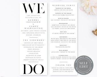 Printable Wedding Program Template, Classic Wedding Program, Black and White Wedding Program Template, Instant Download, PRO-001