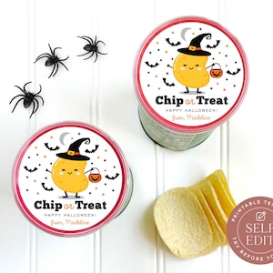 May include: Two round container lids featuring a cartoon potato chip wearing a witch hat and holding a pumpkin bucket. The text reads Chip or Treat, HAPPY HALLOWEEN!, and from, Madeline. Three black plastic spiders and a stack of potato chips.