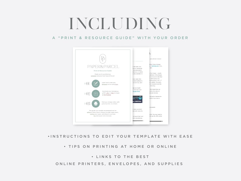 Including a Print and Resource Guide with your order. Image of the guide. Instructions to edit your template with ease. Tips on printing your template at home or online. Links to the best online printers, envelopes, and supplies.