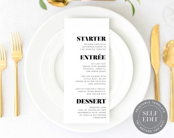 Modern Wedding Menu Card Template, Simple Printable Wedding Menu, Reception Table Decor, Instant Download, MNU-002