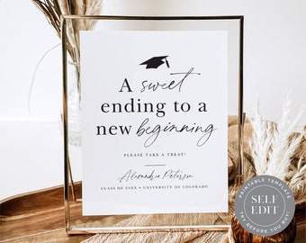 Graduation Party Candy Bar Sign Template, A Sweet Ending To A New Beginning Sign Printable, 5x7 or 8x10, Corjl Editable Instant Download