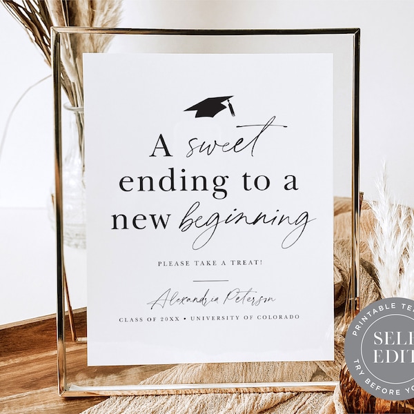 Graduation Party Candy Bar Sign Template, A Sweet Ending To A New Beginning Sign Printable, 5x7 or 8x10, Corjl Editable Instant Download