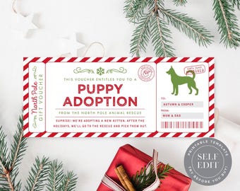 May include: A red and white gift voucher with the text "Puppy Adoption" and a green dog silhouette. The voucher includes the text "North Pole Gift Voucher" and "Santa Claus Approved".