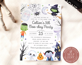 May include: A rectangular Halloween party invitation featuring watercolour illustrations of a ghost, witch, Frankenstein monster, mummy, skeleton, vampire, pumpkin, and haunted house. Text reads: Colton's 5th Boo-day Party, October 25 at 6:00PM.