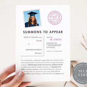 Modèle d'invitation à la fête de remise des diplômes de la faculté de droit, citation à comparaître, invitation à une fête de la faculté de droit imprimable, 5 x 7, téléchargement modifiable Corjl, GRI-001