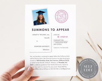 Law School Graduation Party Invitation Template, Summons to Appear, Law School Party Invite Printable, 5x7, Corjl Editable Download, GRI-001