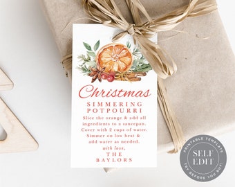May include: A gift tag featuring a watercolour illustration of an orange slice, cinnamon sticks, and foliage. The tag says "Christmas Simmering Potpourri" with instructions and "with love, The Baylors."