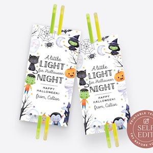 May include: Two rectangular Halloween cards with glow sticks, featuring watercolor illustrations of a witch, cat, ghost, pumpkin, mummy, skeleton, and vampire. The text reads: A little LIGHT for Halloween NIGHT, HAPPY HALLOWEEN! from, Colton.