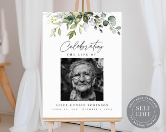 Funeral Welcome Sign Template, Greenery Memorial Service Sign Printable, 16x20, 18x24, 24x36, A1, Corjl Editable Instant Download, FUR-001