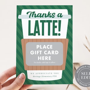 Danksagungs-Kaffee-Geschenkkarten-Schablone, Lehrer-Anerkennung-Kaffee-Geschenkkartenhalter bedruckbar, 13x18, Corjl Instant Download