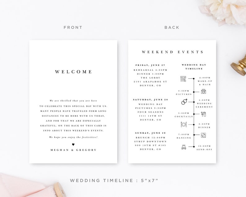 Minimalist Welcome Bag Letter Timeline Template, Simple Order of Events, Wedding Icons Included, Printable Instant Download, ITN-005 image 2