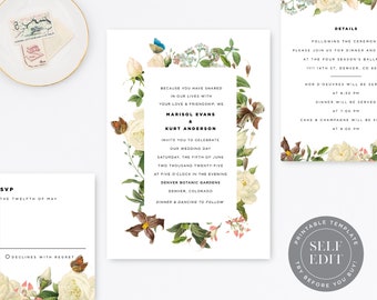 Floral Wedding Invitation Template Suite, Rustic Wedding Invite, Vintage Greenery Wedding Invitation, Editable Instant Download, INS-003