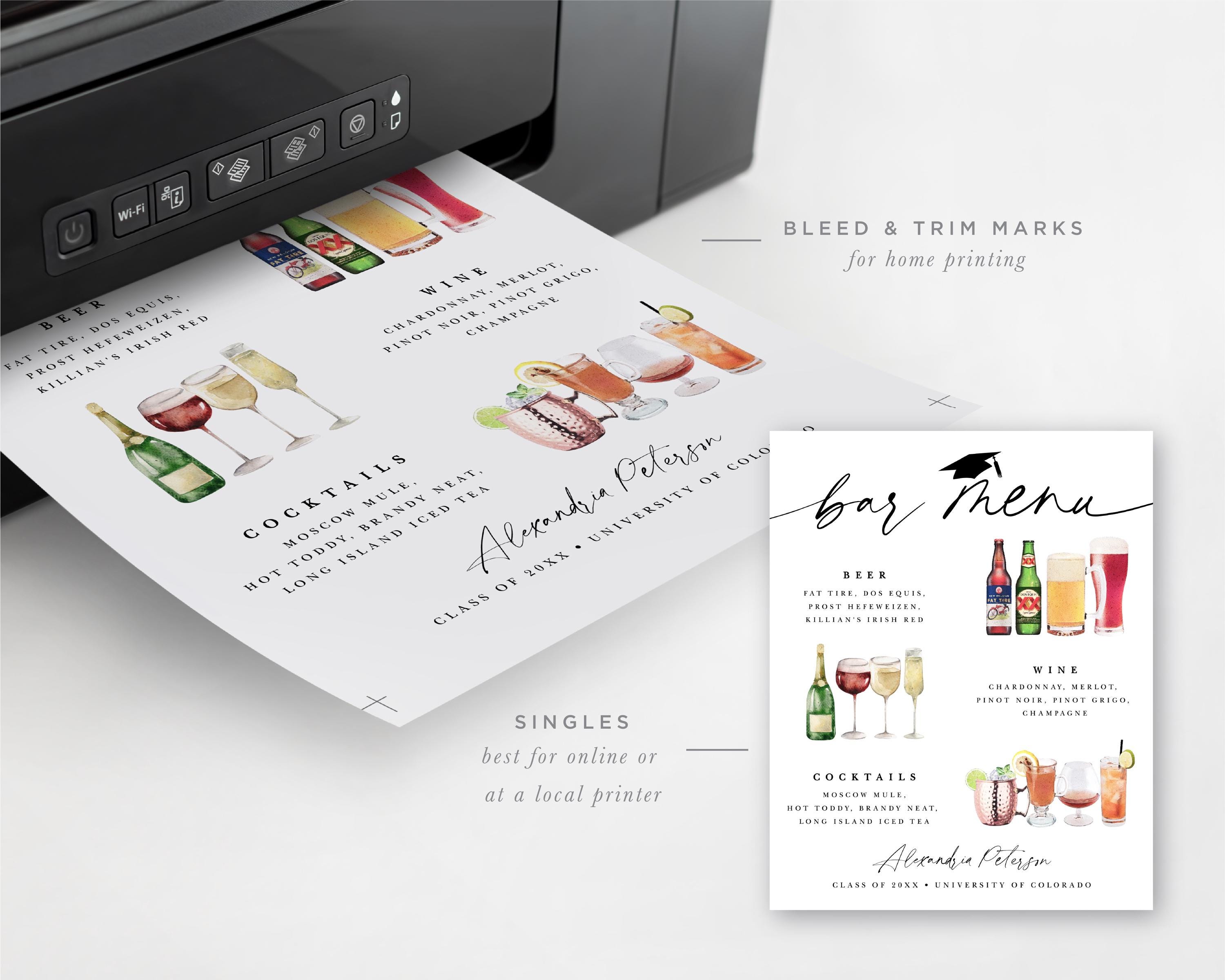 Graduation Bar Menu. Example Graduation Bar Menu Sign Template: Signature Drinks (editable, Instant ...
