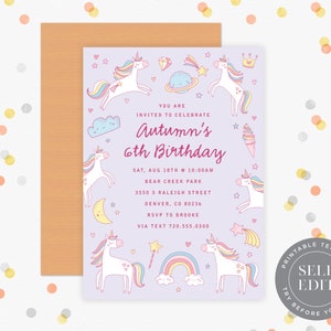 Unicorn Birthday Party Invitation Template, Pastel Rainbow Unicorn Birthday Invite, 5x7, Corjl Editable Instant Digital Download BIP-INV-001
