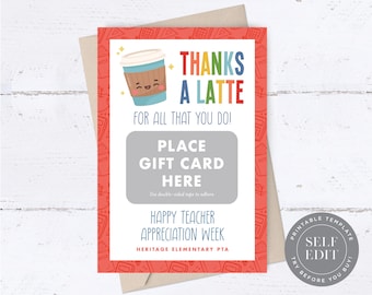 Thanks a Latte Teacher Gift Card Printable, Happy Teacher Appreciation Week PTO Gift Template, 5x7, Corjl Editable Instant Download