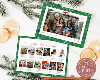 Green Polka Dot Christmas Photo Card Template: Holiday Year in Review Photo Card Printable, Vertical Photos (7"x5", Corjl EDITABLE Download)