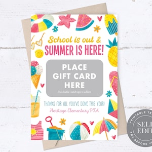 Die Schule ist aus, der Sommer ist da Lehrer Geschenkkarte druckbare, letzter Tag des Schullehrers PTO Geschenkvorlage, 5x7, Corjl bearbeitbare Sofort-Download