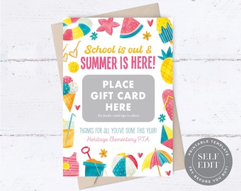 School is Out Summer is Here Teacher Gift Card Printable, Last Day of School Teacher PTO Gift Template, 5x7, Corjl Editable Instant Download