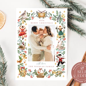 12 Days of Christmas Photo Card Template, Holiday Photo Card Printable, DIY Christmas Card, 5x7, Corjl Editable Instant Download, CHR-004 image 1