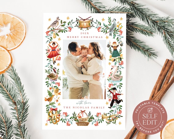 12 Days of Christmas Photo Card Template, Holiday Photo Card Printable, DIY Christmas Card, 5x7, Corjl Editable Instant Download, CHR-004