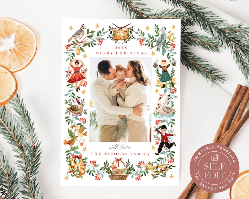12 Days of Christmas Photo Card Template, Holiday Photo Card Printable, DIY Christmas Card, 5x7, Corjl Editable Instant Download, CHR-004 image 1