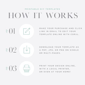 Paper & Parcel's Printable DIY Templates, How It Works, Step 1: Make your purchase and click email to edit in Corjl, Step 2: Download as a PDF, JPG, or PNG: Step 3: Print at home or with a printer.