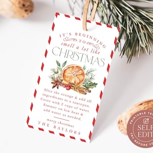 クリスマスのポプリギフトタグテンプレート、クリスマスの香りが漂い始めたギフトタグ印刷可能、2x3.5、Corjl編集可能ダウンロード