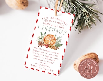 May include: A rectangular gift tag with a red and white striped border, featuring the text IT'S BEGINNING TO smell a lot like CHRISTMAS, an illustration of an orange slice, cinnamon sticks, and greenery, with instructions for a stovetop simmer.