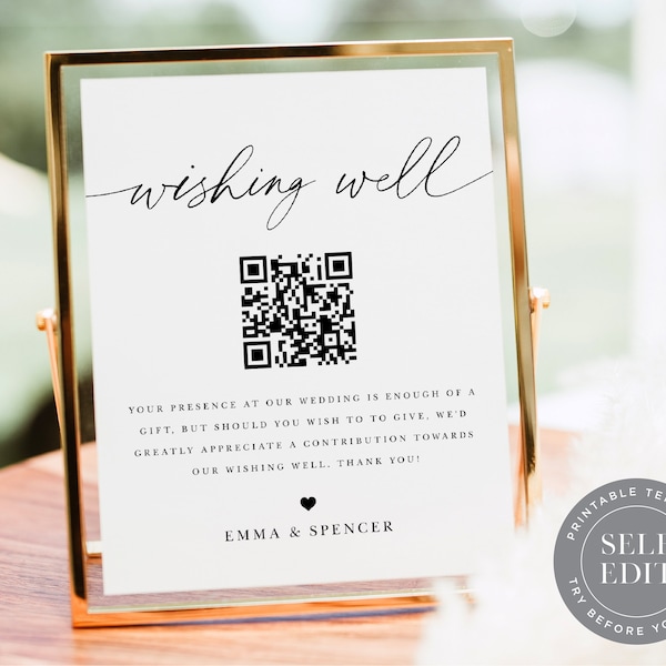 Well Wishes Wedding Sign Template, QR Code Wishing Well, Minimalist Cash Gift Sign, 8x10, 5x7, 4x6, Corjl Editable Instant Download SGN-012