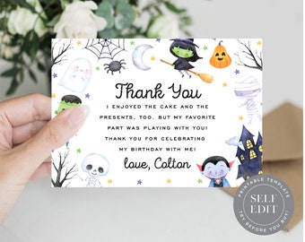 Halloween Birthday Thank You Card Template, Kids Halloween Costume Party Thank You Printable, 3.5x5 Corjl Editable Instant Download, HAB-THK
