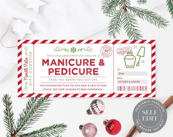 May include: A festive gift voucher in red and white, offering a manicure and pedicure from the North Pole Day Spa. The voucher features the text "Santa Claus Approved" and "Manicure & Pedicure", with Christmas-themed decorations.