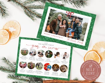Green Polka Dot Christmas Photo Card Template: Holiday Year in Review Photo Card Printable, Circular Photos (7"x5", Corjl EDITABLE Download)