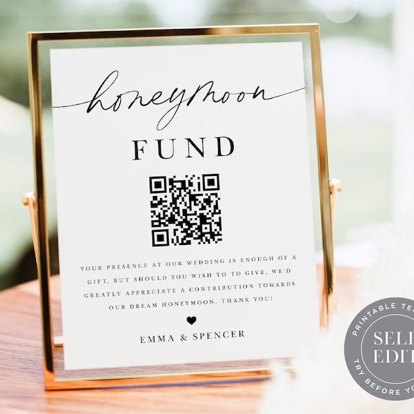 Honeymoon Fund Wedding Sign Template, Venmo Wishing Well, Minimalist Cash Gift Sign, 8x10, 5x7, 4x6, Corjl Editable Instant Download SGN-012