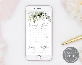 Calendrier Digital Save the Date Template, Greenery Electronic Save the Dates, Text, Social Media, Email, Instagram, Instant Download, STD-011