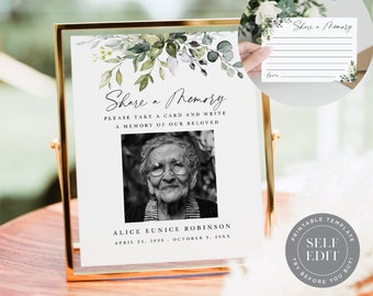 Funeral Share a Memory Sign Template, Greenery Memorial Service Memory Card Printable, 8x10, 3.5x5, Corjl Editable Instant Download, FUR-001