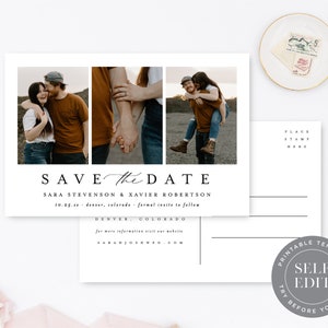Save the Date Multi Photo Wedding Postcard Template, Minimalist Save the Date Printable, Size 4x6, Corjl Editable Instant Download STD-P18