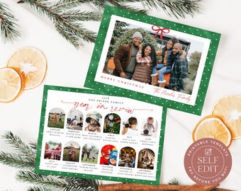 Green Gingham Christmas Photo Card Template: Holiday Year in Review Photo Card Printable, Arch Photos (7"x5", Corjl EDITABLE Download)