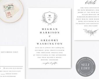 Monogram Crest Wedding Invitation Template Suite, Printable Wedding Invite Set, RSVP, Details Card, Corjl Editable Instant Download, INS-018