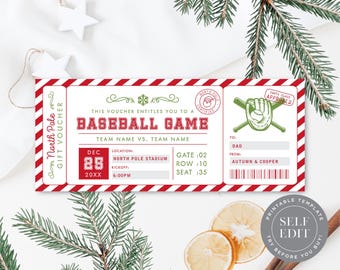 Pode incluir: Um vale-presente de jogo de beisebol vermelho e branco com o texto "BASEBALL GAME". O vale inclui a data, hora e local. O vale é decorado com uma luva e bola de beisebol.
