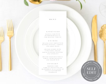 Minimalist Wedding Menu Card Template, Simple Printable Wedding Menu, Reception Table Decor, Instant Download, MNU-005