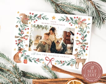 Mall för julfotokort med skogsdjur: Gör-det-själv-julfotokort utskrivbart (horisontellt, 5x7, Corjl redigerbar digital nedladdning)