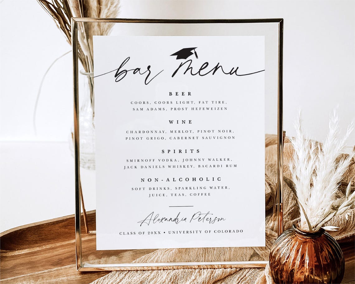Graduation Bar Menu. Example Graduation Bar Menu Sign: Signature Drinks Printable (5x7 or 8x10 ...