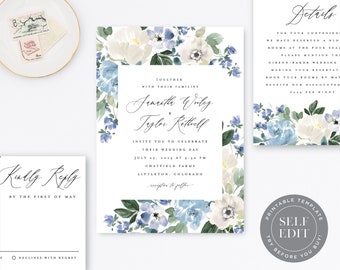 Blue Floral Wedding Invitation Template Suite, Dusty Blue Garden Printable Wedding Printable Invite Set, Editable Instant Download, INS-010