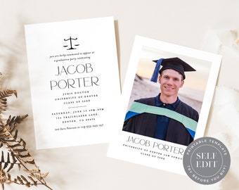 Law School Graduation Party Invitation Template, Law School Grad Photo Party Invite Printable, 5x7, Corjl Editable Instant Download, GRI-003