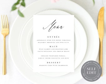 Calligraphy Wedding Menu Template, Classic Black and White Wedding Menu, Printable Wedding Menu 5x7, Instant Download, MNU-009