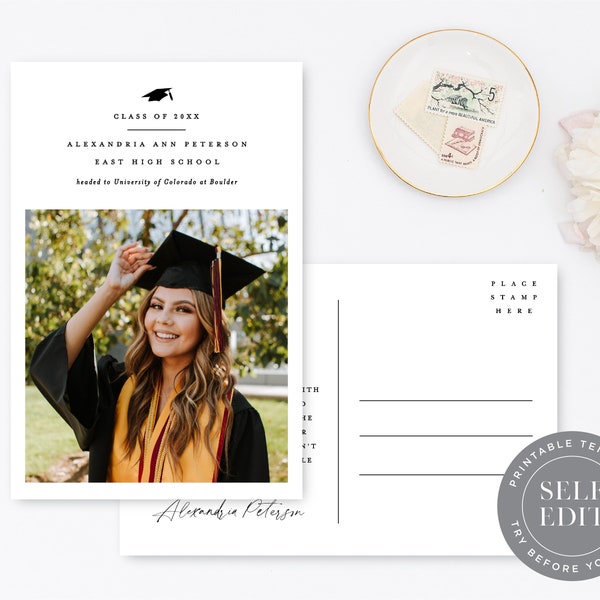 Graduation Announcement Photo Postcard Template, Minimalist Graduation Thank You Printable, 4x6, Corjl Editable Instant Download, GRD-001