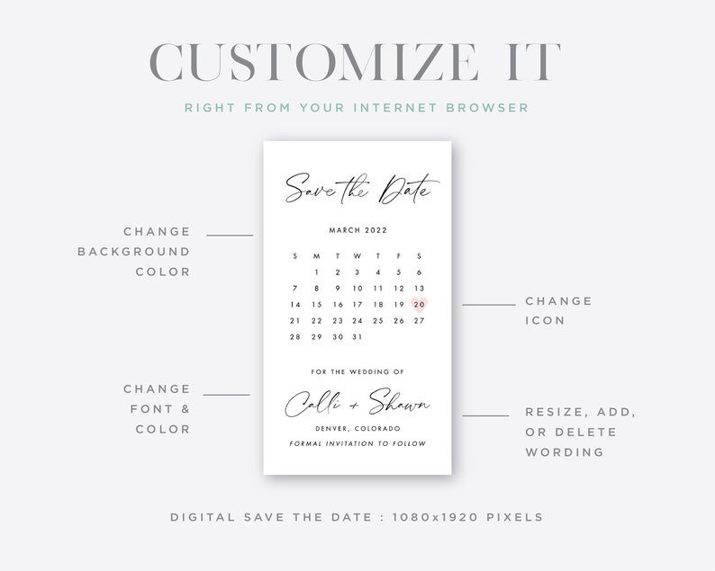 Calendar Digital Save the Date Template, Electronic Save the Dates, Text, Social Media, Email, Instagram, Instant Download, STD-P06 image 4